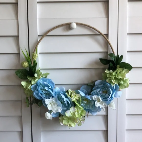 Pastel Greenery Hydrangea Flower Leaf Floral Decor Twine Tweed Hoop Wreath - Picture 2 of 3